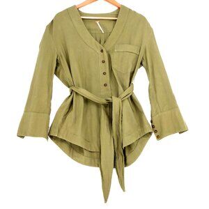 Free People Button-Down Blouse Belted Waist Long Sleeves XS Vintage Cottagecore